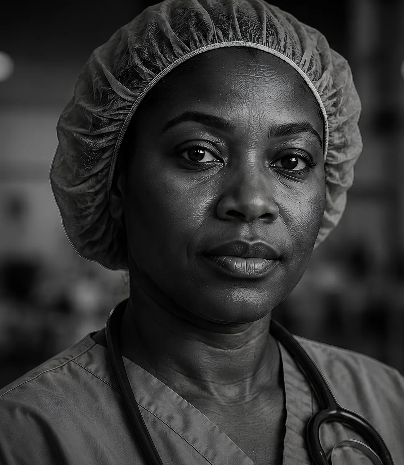 A nurse in surgical scrubs looking at the camera
